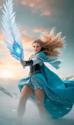 A majestic young woman, radiant with an ethereal glow, stands atop a rolling hill, surrounded by wispy clouds and a sky of soft blue. She grasps the ancient magic ring, its intricate designs shimmering in harmony with her aura. As she focuses her energy, her form begins to shift, her features transforming into those of a regal ice warrior. Her detailed, exquisite face now bears an icy sheen, her eyes sparkling like crystalline shards. She stands tall, her long hair flowing behind her like a frozen waterfall, as the hillside and distant trees are bathed in the soft, blue-green light of her magic.