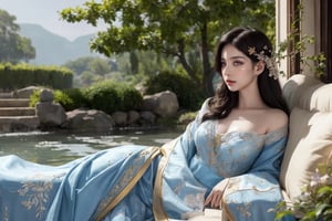 (Masterpiece, Top Quality,1girl, solo, Create a highly detailed, ethereal illustration of a graceful woman lying in serene repose. She is adorned in flowing, elegant robes in shades of soft blue and white, with intricate floral patterns and delicate embroidery. Her hair cascades around her, interwoven with decorative ornaments and flowers, creating a harmonious blend with the surrounding environment. Bluebirds gracefully fly around her, adding a touch of enchantment to the scene. Her eyes are closed, and her expression is peaceful, evoking a sense of tranquility and dreaminess. ,perfect light,idol,Korean