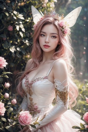 In a whimsical, dreamlike setting, a princess with pink hair and eyes adorns a rose- themed gown, her long hair flowing gently behind her. A soft, magical glow illuminates her delicate features, as she stands amidst an enchanted forest, surrounded by glowing flowers and fluttering butterfly accessories. Delicate butterfly wings sprout from her crown, while a gentle breeze rustles the petals of the enchanted rose at her feet. The fairy tale castle in the distance casts a majestic shadow, as magical creatures frolic playfully within the whimsical landscape. Ethereal beauty emanates from this masterwork of fantasy art, crafted with ultra-detailed precision by Angela White.,Sugar babe ,mecha