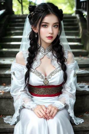 1girl, solo, beautiful asian looking girl, looking at viewer, smile, long black hair, ((white long sleeves)), ((white dress)), jewelry, ((hair bun)), flowing long hair, wedding veil, beautiful chinese ornament hairpin, standing, torso shot, earrings, outdoors, wide sleeves, chinese clothes, veil, stairs, hanfu, intricate details, highly detailed, expressiveh, emotionless, realistic, ,Illustration,angelawhite,viking