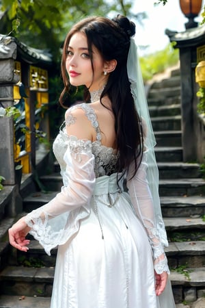 1girl, solo, beautiful asian looking girl, looking at viewer, smile, long black hair, ((white long sleeves)), ((white dress)), jewelry, ((hair bun)), flowing long hair, wedding veil, beautiful chinese ornament hairpin, standing, torso shot, earrings, outdoors, wide sleeves, chinese clothes, veil, stairs, hanfu, intricate details, highly detailed, expressiveh, emotionless, realistic, ,Illustration,angelawhite,viking,leonardo,round ass