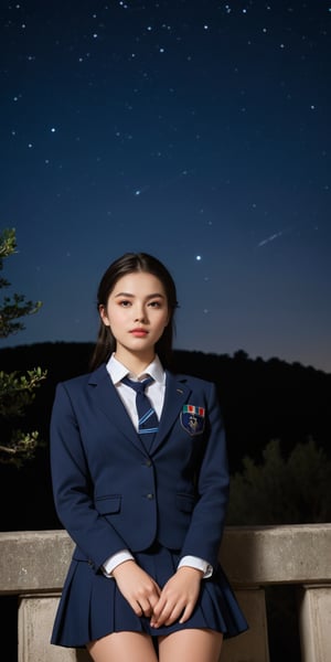 A serene masterpiece: an 18-year-old Italian girl, radiant in her school uniform, stands alone beneath a breathtakingly starry night sky. Her milky white skin glows softly, accentuating the beauty of her delicate features and striking eyes that shimmer like celestial bodies. The framing captures her gentle elegance, with the dark silhouette of buildings or trees subtly hinting at the urban backdrop.,meiko