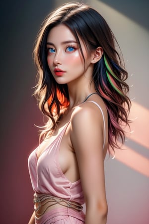 A masterpiece of a portrait photograph, set against a dark background with pink color lighting at 1.5 intensity, spotlights the exquisite subject from the side. Her multicolored, wavy hair cascades down her slender body, adorned with short sidelocks. Her blue eyes sparkle with a subtle tareme, as she tilts her head and poses in a shoulderless sundress. The camera captures her 3D face, flat chest, and cute facial features, all while showcasing the model's balanced physique. Shiny hair and skin complete this stunning visual masterpiece.