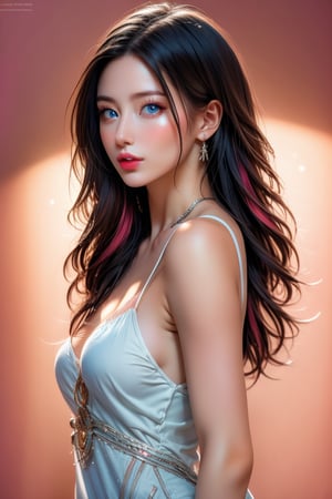 A masterpiece of a portrait photograph, set against a dark background with pink color lighting at 1.5 intensity, spotlights the exquisite subject from the side. Her multicolored, wavy hair cascades down her slender body, adorned with short sidelocks. Her blue eyes sparkle with a subtle tareme, as she tilts her head and poses in a shoulderless sundress. The camera captures her 3D face, flat chest, and cute facial features, all while showcasing the model's balanced physique. Shiny hair and skin complete this stunning visual masterpiece.