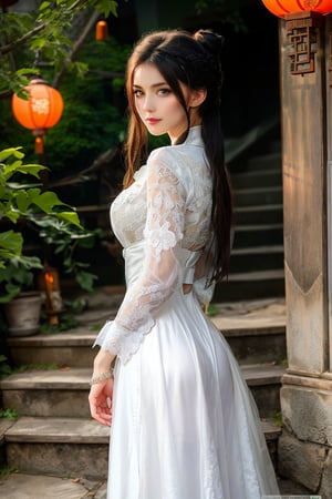 1girl, solo, beautiful asian looking girl, looking at viewer, smile, long black hair, ((white long sleeves)), ((white dress)), jewelry, ((hair bun)), flowing long hair, wedding veil, beautiful chinese ornament hairpin, standing, torso shot, earrings, outdoors, wide sleeves, chinese clothes, veil, stairs, hanfu, intricate details, highly detailed, expressiveh, emotionless, realistic, ,Illustration,angelawhite,viking,leonardo,round ass