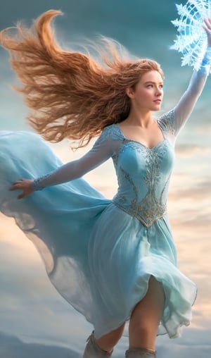 A majestic young woman, radiant with an ethereal glow, stands atop a rolling hill, surrounded by wispy clouds and a sky of soft blue. She grasps the ancient magic ring, its intricate designs shimmering in harmony with her aura. As she focuses her energy, her form begins to shift, her features transforming into those of a regal ice warrior. Her detailed, exquisite face now bears an icy sheen, her eyes sparkling like crystalline shards. She stands tall, her long hair flowing behind her like a frozen waterfall, as the hillside and distant trees are bathed in the soft, blue-green light of her magic.