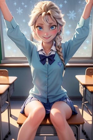 1gril, solo, (Elsa:1.3), (sit:1.3), (epread legs:1.3),(school uniform:1.2), crop, sneaker, (classroom background), smile, (looking at the viewer), front face, full body, Naive and innocent eyes, 4k, ,elsa,Detailedface, ,micro miniskirt