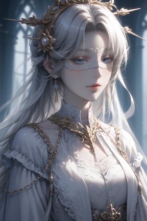 Beautiful, soft light, (beautiful and delicate eyes), very detailed, pale skin, big smile, (long hair), dreamy, medium chest, female 1, ((front shot)), bangs, soft expression, elegant , Bright smile, 8k art photo, small necklace, small earrings, fantasy, jewelry, shyness, dreamy soft image, masterpiece, ultra high resolution, white clothing, white hanfu, whith tone, 1girl, many hair ornaments, (hair ornaments:1.4), tiara, (wearing white blindfold:2), (BP:1.2),Gwyndolin