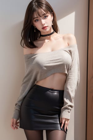 1girl, solo, long hair, breasts, looking at viewer, bangs, blue eyes, skirt, blonde hair, large breasts, brown hair, shirt, long sleeves, navel, cleavage, bare shoulders, jewelry, standing, collarbone, pantyhose, earrings, parted lips, choker, midriff, indoors, hand up, miniskirt, black skirt, necklace, off shoulder, sweater, lips, crop top, head tilt, black pantyhose, shadow, black choker, forehead, pencil skirt, off-shoulder shirt, realistic