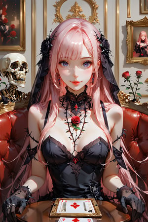 masterpiece, best quality, extremely detailed, (illustration, official art:1.1), 1 girl ,(((( light pink long hair)))), light pink hair, ,15 years old, long hair ((blush)) , beautiful face, big eyes, masterpiece, best quality,(((((a very delicate and beautiful girl))))),Amazing,beautiful detailed eyes,blunt bangs((((little delicate girl)))),tareme(true beautiful:1.2), ,masterpiece, best quality,1girl, solo, flower, long hair, rose, red hair, red flower, heart, grey eyes, thorns, red rose, vines, dress, looking at viewer, parted lips, bangs, black flower, black dress, gloves, holding, plant, very long hair, skeleton, ring, white background, black rose, picture frame, card, frills, black gloves, white eyes, blurry ////////, ,