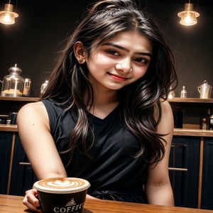 beautiful cute young attractive indian teenage girl, village girl, 18 years old, cute, Instagram model, long black_hair, colorful hair, warm, dacing, in coffee shop