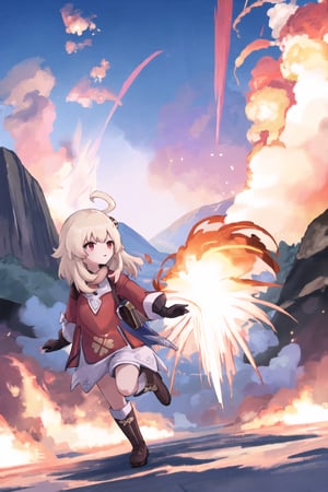 Klee from genshin impact, hd, HDR, UHD, 4k, 2k, 6k, 8k, ultra HD, high graphics, 1girl, best graphics, highest quality, best quality, ultra quality, outside, explosion, explosion in background, skipping