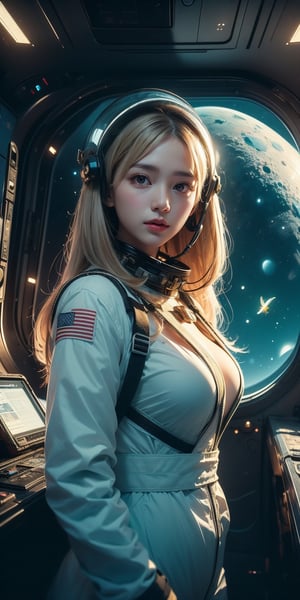 1girl,Sweet,Kawaii,half body portrait,looks at viewer,large breasts,blonde hair,with a curvaceous figure, beautiful lighting, wearing a spacesuit and a space helmet. The astronaut is inside the space shuttle, with the cosmic scenery of the Earth and the Moon outside, The spacesuit revealing cleavage,firefliesfireflies,portrait,Futuristic room