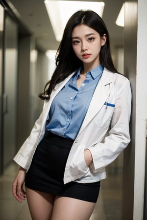 Photorealistic beautiful doctor、stunningly beautiful、doctors white coat, Collared shirt、(top-quality、8K、32K、​masterpiece、nffsw:1.3)、超A high resolution,(Photorealsitic:1.4),Raw photography, Detailed face,,Beautiful hair, ((Doctor Style)), , Black tight skirt、 Natural makeup,, large full breasts、inside hospital, Detailed background, Perfect Lighting, depth of fields, Beautiful shadow gradient,stethoscope ,
