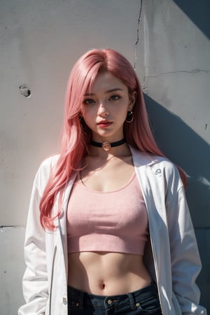 (masterpiece, best quality, 1girl, solo, intricate details, chromatic aberration), realistic, ((medium breath)),long hair, pink hair, red head ornament, pink highlights, hair over one eye,purple eyes, earrings, sharp eyes, choker, neon shirt, open jacket, crop top, (symmetry eyes),(perfect symmetrical body),against wall, brick wall, graffiti, dim lighting, alley ,look at viewer