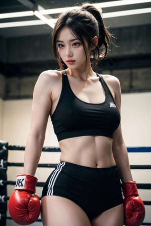 An athletic girl with a determined expression is training in a gritty, industrial-style boxing gym. She's wearing vibrant red boxing gloves and a matching sports crop top that reveals her toned midriff. Her hair is pulled back in a practical ponytail, highlighting her concentrated gaze and the light sheen of perspiration that suggests intense physical effort. She's captured throwing a powerful punch towards a heavy bag, which bears Chinese characters, signifying perhaps a motivational phrase or the name of the gym. The lighting is dramatic, with stark contrasts that carve out her muscular definition and the textures of her surroundings. The environment is rich with detail, from the rough texture of the concrete pillars to the worn boxing ring ropes, all contributing to an atmosphere of toughness and resilience, best quality, ultra highres, original, extremely detailed, perfect lighting.

