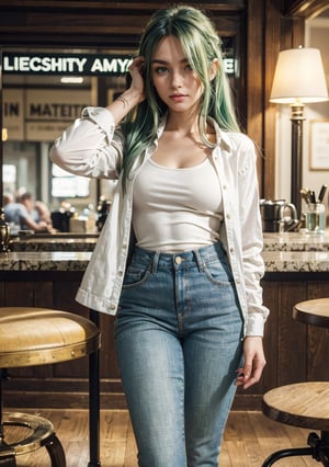 (extremely detailed,  realistic,  perfect lighting,  vibrant colors, intricate details, absurdres), (masterpiece,  high detailed skin:1.3), 1girl, light (green hair), layered hair,  full body view,  
{slender legs, tall body, soft curves, short jeans and white shirt, farmer jacket, hamburger bar, New York city, fashion model, unforgettable beauty, looking in love, lifelike rendering, }
{ seducing, }, the chair is stroking her hair