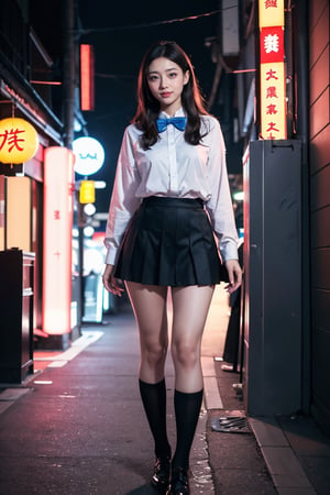 masterpiece, best quality, ultra realistic illustration, 16K, (HDR), high resolution, female_solo, (white long hair:1.2) , slender hot body proportion , smiling at viewer, 1 Japanese girl with blue eyes , holding 1 sword katana, (wearing beautiful long white school uniform shirt+bow tie+pleated black short skirt+stockings skirt+shoes:1.1), full-body shot, (legs apart) , ((highly detailed background of ancient Japan buildings with cyberpunk style+neon lights)),(pink +puple backing lighting, blue front lighting), (black underwear), add More Detail, Color magic,perfect fingers, girl, samurai, jp_school_uniform