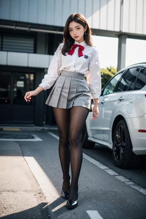 (full body:1.5),(1girl:1.3),(looking at viewer:1.4),(anatomy correct:1.3),(In the paradise of the day:1.3),(Wearing Very thick Printed Pantyhose and World War German Style JK uniform printed pleated skirt and JK uniform leather shoes with bow decoration :1.3), (A high jump posture:1.3),(In pink|amarelo|blue colors|green color|red colour|white colors|black in color|purpleish color|greys|Beige|Flesh color 1.4),,(Accurate and perfect face:1.4),(Clothing Gloss:1.25),(Skin reflection:1.25),hyper HD, Ray traching, reflective light,structurally correct, Award-Awarded, high detal, lightand shade contrast, Face lighting,cinmatic lighting, tmasterpiece, super detailing, high high quality, high detal, best qualityer, 16k,high contrast,