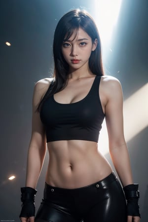 tifa, red eyes, gauntlet, elbow pad, crop top, detailed face, bodycon tank top, black hair, Ultra-realistic capture, (Tyndall Effect:1.3), scattering of a beam of light by a medium containing small suspended particles, High resolution 16k, Cinematic, large breasts, autobike