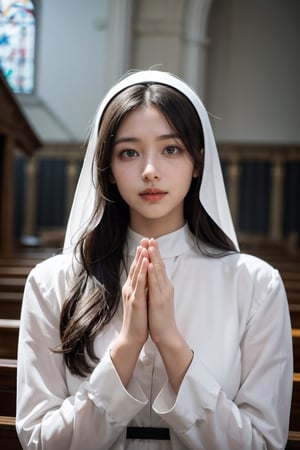 An upper body portrait of a beautiful young nun wearing a white wimple and a black veil, she wears a black habbit, no makeup just her bare face, her skin had the texture shadow and tone of real skin, her hands are together in prayer, her face gazes upward with a calm and serene expression of love for and dedication to god, two hands only, her hands are beautifully formed with four fingers and a thumb only on each hand, perfect composition, a simple background of a small church, true to life, 32k,