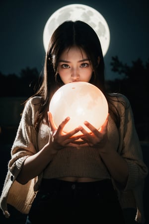 night, darkness. girl . the girl holds a shining ball in her hands. light comes from the sphere.  bloody moon/ the only source of light. Horror movie. J Horror anime style. Iron oxide,  cinematic quality, Backlighting. Edge lighting. 