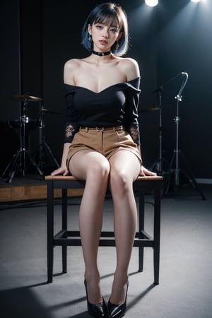  JING,1girl,solo,black pants,short hair,pants,blue hair,jewelry,looking at viewer,choker,hair ornament,earrings,black choker,shirt,blue eyes,asymmetrical sleeves,bangs,single bare shoulder,white shirt,collarbone, single sleeve,asymmetrical clothes, drum set,instrument,drum,stage,spotlight,guitar,stage lights,indoors,concert,microphone, high heels,brown footwear,(sitting:1.3),, (raw photo:1.2),((photorealistic:1.4))best quality,masterpiece,illustration,an extremely delicate and beautiful,extremely detailed,CG,unity,8k wallpaper,Amazing,finely detail,masterpiece,best quality,official art,extremely detailed CG unity 8k wallpaper,absurdres,incredibly absurdres,huge filesize,ultra-detailed,highres,extremely detailed,beautiful detailed girl,cinematic lighting,1girl,pale skin,tall female,(perfect body shape),skinny body,Slender legs,, pale skin,tall man,long legs,thin leg,