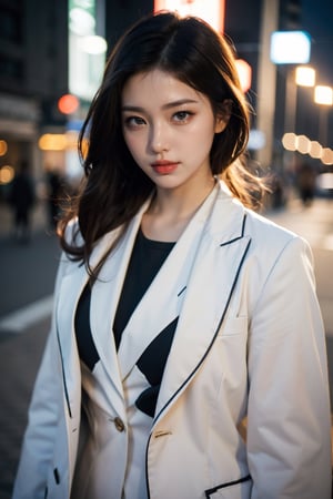 solo,
(office lady,white coat,),
half-length photo,cowboy shot,
city_lights,
(looking at viewer:1.3),
parted lips,   red_lips,shiny skin, skindentation, best quality, ultra high res, (photorealistic:1.4),