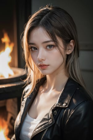 ((extremely realistic photo)), professional photo, The image features a beautiful model with silver hair and leather jacket, in the background you can see orange and gray smoke giving the sensation of being in front of a fire, ((ultra sharp focus:1.1)), (realistic textures and skin:1.1), (perfect realistic female eyes:1.1), ((perfection in the female hands:1.1)), aesthetic. masterpiece, pure perfection, high definition ((best quality, masterpiece, detailed)), ultra high resolution, hdr, art, high detail, add more detail, (extreme and intricate details), ((raw photo, 64k:1.37)), (muted colors, dim colors, soothing tones ), siena natural ratio, ((more detail xl)),more detail XL,detailmaster2,Enhanced All,photo r3al,masterpiece,photo r3al