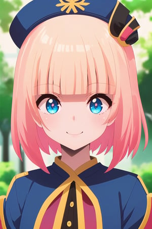Portrait of a young girl character named Mengmeng, big expressive eyes, short hair, bright smile, optimistic, well-behaved, respectful, innocent charm, small round hat, lively and loving personality, possibly pink or blue dress:: Portrait photography, close-up, vibrant colors, high resolution, professional photograph, anime style, cute, adorable, expressive, origina