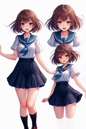 Generate charactor sheets, anime-style full-body character for a narrative piece featuring a 15-year-old female high school student. The girl's expression includes sad, happy, astonishing, fraitened.  The character will have pronounced, large eyes with brown irises, complemented by voluminous brown curls tied with a bow. Her attire should be a standard school uniform. These illustrations are set against a stark white backdrop to ensure that the character remains the focal point. Each portrait captures a distinct expression, crystalizing the character's persona while maintaining the innocence and dynamics of her teenage years.