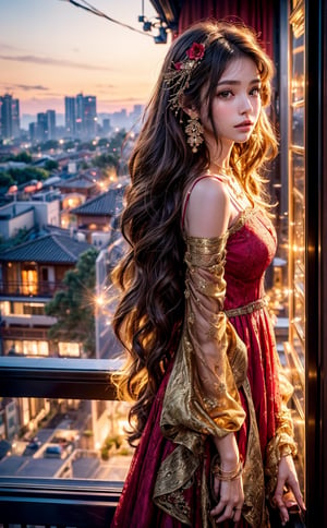 A girl with long, wavy brown hair, adorned with golden earrings and a matching necklace. She has ears with beautiful earrings and is gazing into the distance. ((She's wearing a red lace corseted dress)), She stands on a balcony or terrace, surrounded by lush greenery and pink flowers. ((The backdrop reveals a cityscape during sunset, with the golden hues of the setting sun casting a warm glow over the scene.)), photo,D@ri919,midjourney,d@ri919