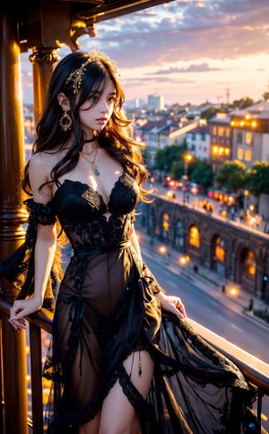 A girl with long, wavy brown hair, adorned with golden earrings and a matching necklace. She has ears with beautiful earrings and is gazing into the distance. ((She's wearing a black lace corseted dress. just black dress, The dress has a sheer, flowing overlay.)), She stands on a balcony or terrace, surrounded by lush greenery and pink flowers. ((The backdrop reveals a cityscape during sunset, with the golden hues of the setting sun casting a warm glow over the scene.)), photo,D@ri919,midjourney,d@ri919