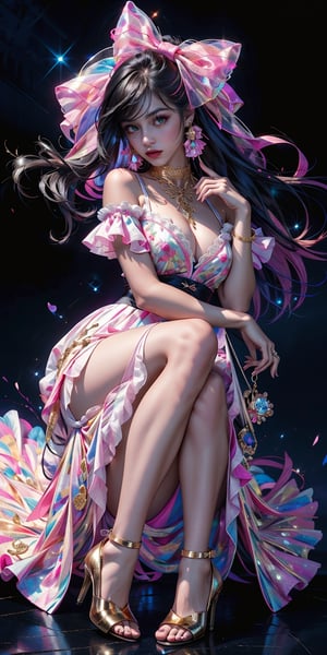 (masterpiece,  best quality,  highres:1.3),  ultra resolution image,  (1girl),  (solo),  black hair,  very_large_hair,  light_purple_eyes, magazine style,pigtails in her hair with pink bows, a big rose in her hand, a luxurious white dress with gold, a pink choker with white lace, sitting on a giant pink diamond, black background,fluffy dress, whole body, full body shot, high heels