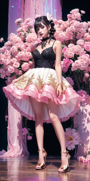 ((full body shot, high heels)),(masterpiece,  best quality,  highres:1.3),  ultra resolution image,  (1girl),  (solo),  black hair,  very_large_hair,  light_purple_eyes, magazine style,pigtails in her hair with pink bows, a big rose in her hand, a luxurious white dress with gold, a pink choker with white lace, sitting on a giant pink diamond, black background,fluffy dress, whole body, full body shot, high heels