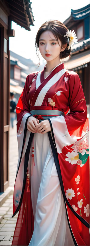 ((full body shot):1.3) with low angle, award-winning photography, hyperrealism, detailed face, symmetric face, bright eyes, glamorous v-shaped face, Chrysanthemum personification, an ethereal breathtakingly beautiful 17-years-old japanese girl in hanfu, exquisite hanfu attire, 1girl walking in a business district, perfect model body, translucent appearance, pronounced facial features, hasselbald 503CW, LinkGirl