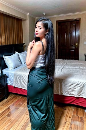 1girl, black long hair, acmm ss outfit,Myanmar,viewed_from_behind,full_body,standing, in bed room, sexy pose with her
greenlong skirt beautiful body curve.