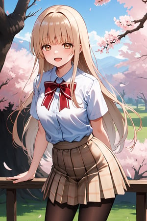 masterpiece, best quality, highres, aamahiru, long hair, red bowtie, white shirt, short sleeves, plaid skirt, brown skirt, pantyhose, , standing, cowboy shot, leaning forward, arms behind back, outdoors, cherry blossoms, smile, open mouth.,aamahiru,white shirt,brown skirt