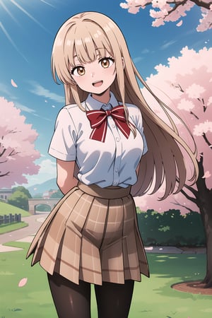 masterpiece, best quality, highres, aamahiru, long hair, red bowtie, white shirt, short sleeves, plaid skirt, brown skirt, pantyhose, , standing, cowboy shot, leaning forward, arms behind back, outdoors, cherry blossoms, smile, open mouth.