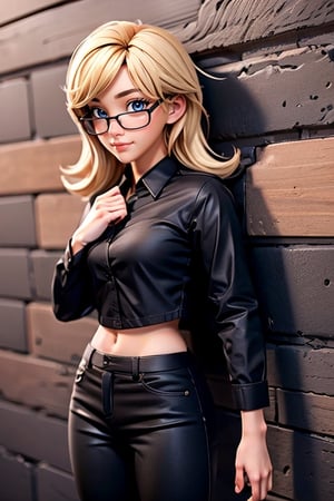 very well-detailed beautiful anime waifu, having doggystyle sex against a wall, pants down, wearing Nerd glasses, short dirty blonde hair, wearing tight small black shirt