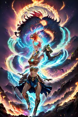 (A ferocious one, epic battles),(A high resolution, Vibrant colors),(Detailed expressions, Intense action),(fantasy, mythological creatures),(Minotaur vs Greek Goddess),(Equipped with powerful weapons),(Striking pose, Dynamic movements),(Holy lighting, Dramatic shadows),(The goddess's fiery hair),(God's glowing eyes),(Multiple heads on monsters),(Enigmatic Atmosphere),(Sparkling armor, Engraved with symbols),(magic incantation),(Debris floating in the air),(Mountainous landscape in the background),(Mythological symbols and runes),(Powerful energy waves),(Heroic determination).