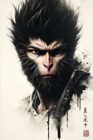 Anthropomorphic monkey king,solo, rendered in sumi-e style, fierce eyes glaring intensely at viewer, face partially wrapped in tattered cloth. Bold, expressive brush strokes capturing fur texture and facial features. Dripping ink creating sense of gritty atmosphere. Minimalist background with ink splatters. Blend of traditional Japanese ink painting and dark urban aesthetic. Powerful contrast between black ink and white paper. Emanating aura of strength and defiance,ink