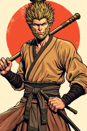 Comic book style cartoon line art, bold black lines, retro line style, portrait of Sun Wukong.  Holding a golden cudgel ,it refers to the shape of the 3A game "Black Myth Wukong".