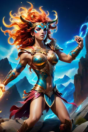 (A ferocious one, epic battles),(A high resolution, Vibrant colors),(Detailed expressions, Intense action),(fantasy, mythological creatures),(Minotaur vs Greek Goddess),(Equipped with powerful weapons),(Striking pose, Dynamic movements),(Holy lighting, Dramatic shadows),(The goddess's fiery hair),(God's glowing eyes),(Multiple heads on monsters),(Enigmatic Atmosphere),(Sparkling armor, Engraved with symbols),(magic incantation),(Debris floating in the air),(Mountainous landscape in the background),(Mythological symbols and runes),(Powerful energy waves),(Heroic determination).