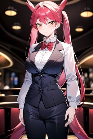 (masterpiece), latias, 1girl, solo, long hair, twintails, red hair, big breasts, yellow eyes, white collared shirt(long sleeves), red vest(no sleeves), black pants, red bowtie, standing,casino background