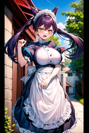 (masterpiece), latias, 1girl, solo,very  long hair, big breasts,  looking at viewer, angry face, screaming, open mouth, outdoor, outdoor, dress, twintails, yellow eyes, short sleeves, purple hair, maid, maid headress, angry aura, aura, ripped_clothes, full body, apron, fangs