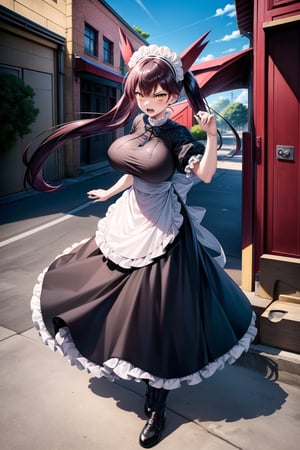 (masterpiece), latias, 1girl, solo,very  long hair, big breasts,  looking at viewer, angry face, screaming, open mouth, outdoor, outdoor, dress, twintails, yellow eyes, short sleeves, dark purple hair, maid, maid headress, angry aura, aura, ripped_clothes, full body, apron, claw, 2 hands down