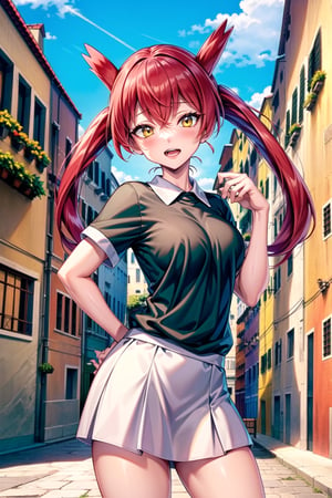 (masterpiece), latias, 1girl, solo,very long hair, twintails, red hair,  above medium breasts,  looking at viewer, naughty face, open mouth, outdoor, venice background, yellow eyes, short sleeves, red hair, puffy sleeves, bright green collar t shirt, white skirt