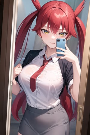 latias, 1girl, solo, masterpiece, high_res, red hair, long hair, twintails, upper_body, mirror selfie, selfie, white_shirt, tie, grey_tie, skirt, grey_skirt, sexy, seductive, sexy pose, seductive_pose, seductive_look, fit body, onside, onside perspective, big_hips