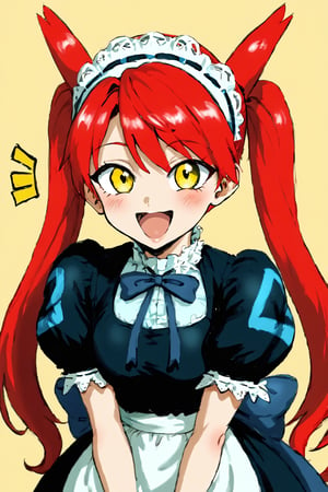 ,red twintails, smile, stands proudly with her open mouth conveying joy. Her happy gaze, yellow eyes,,adventtureLatias,  maid outfit, highresolution, mischievous